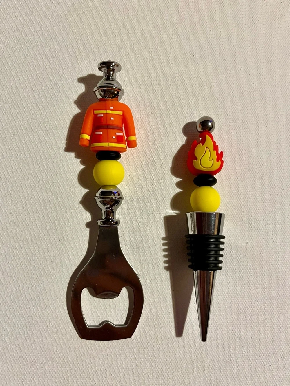 Novelty Firefighter Bottle Opener and Wine Stopper Set - Orange and Yellow